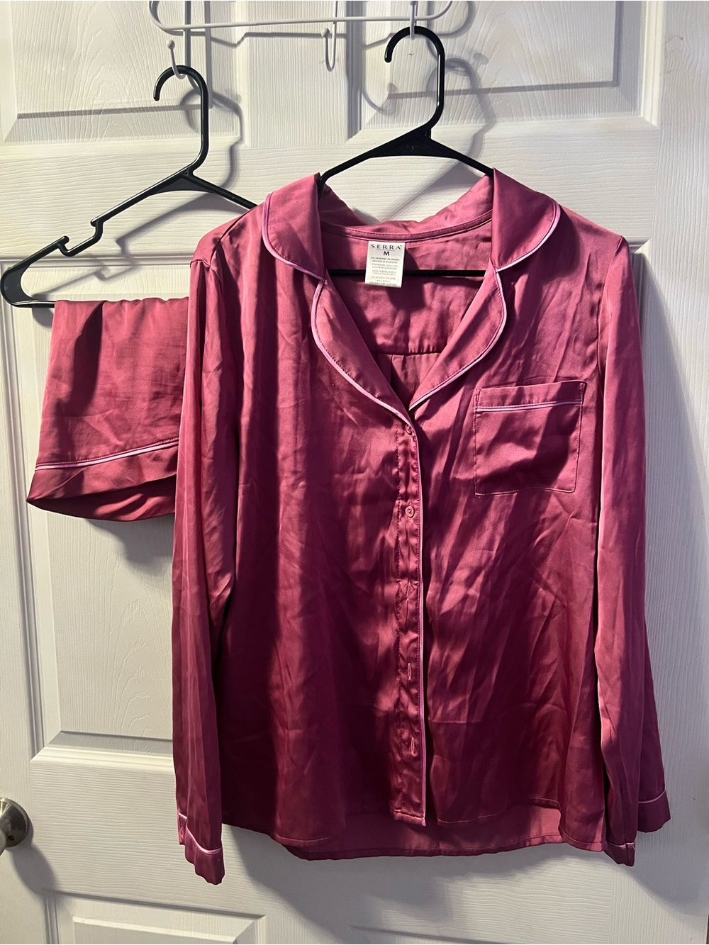Serra Pink Satin Pajama Set with Contrast Piping